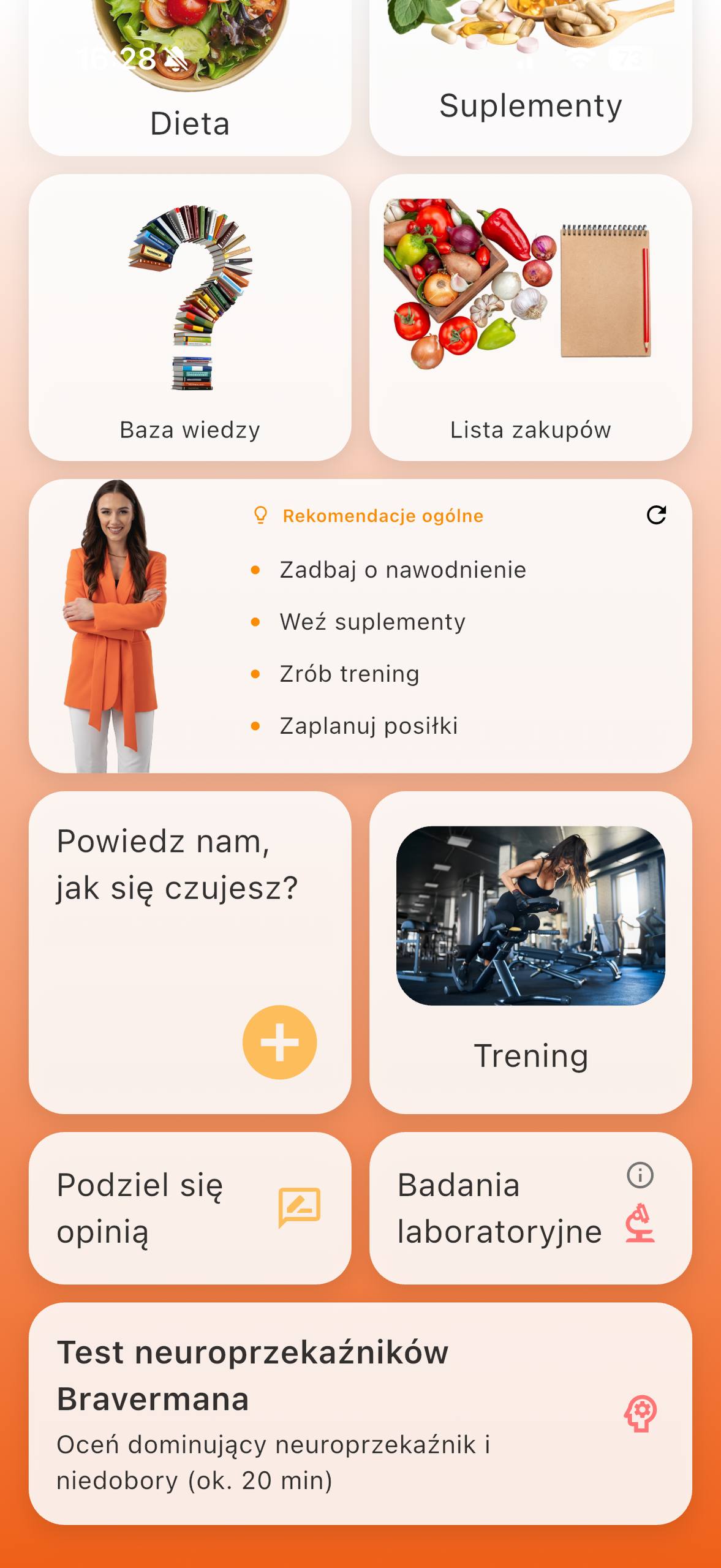 Główny pulpit aplikacji NEEDED z codziennymi rekomendacjami i modułami